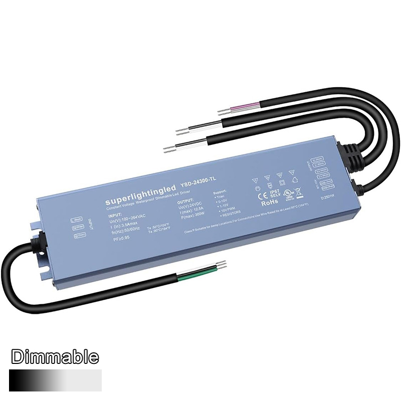 AC110V/220V DC24V 300W 12.5A UL-Listed LED Waterproof IP67 Triac and 0/1-10V Dimmable LED Dimming Power Supply